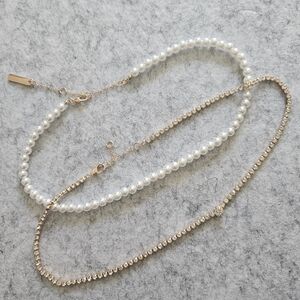 Set of 2 Joe Fresh Necklaces‎ Gold Toned Rhinestones & Faux Pearl Choker